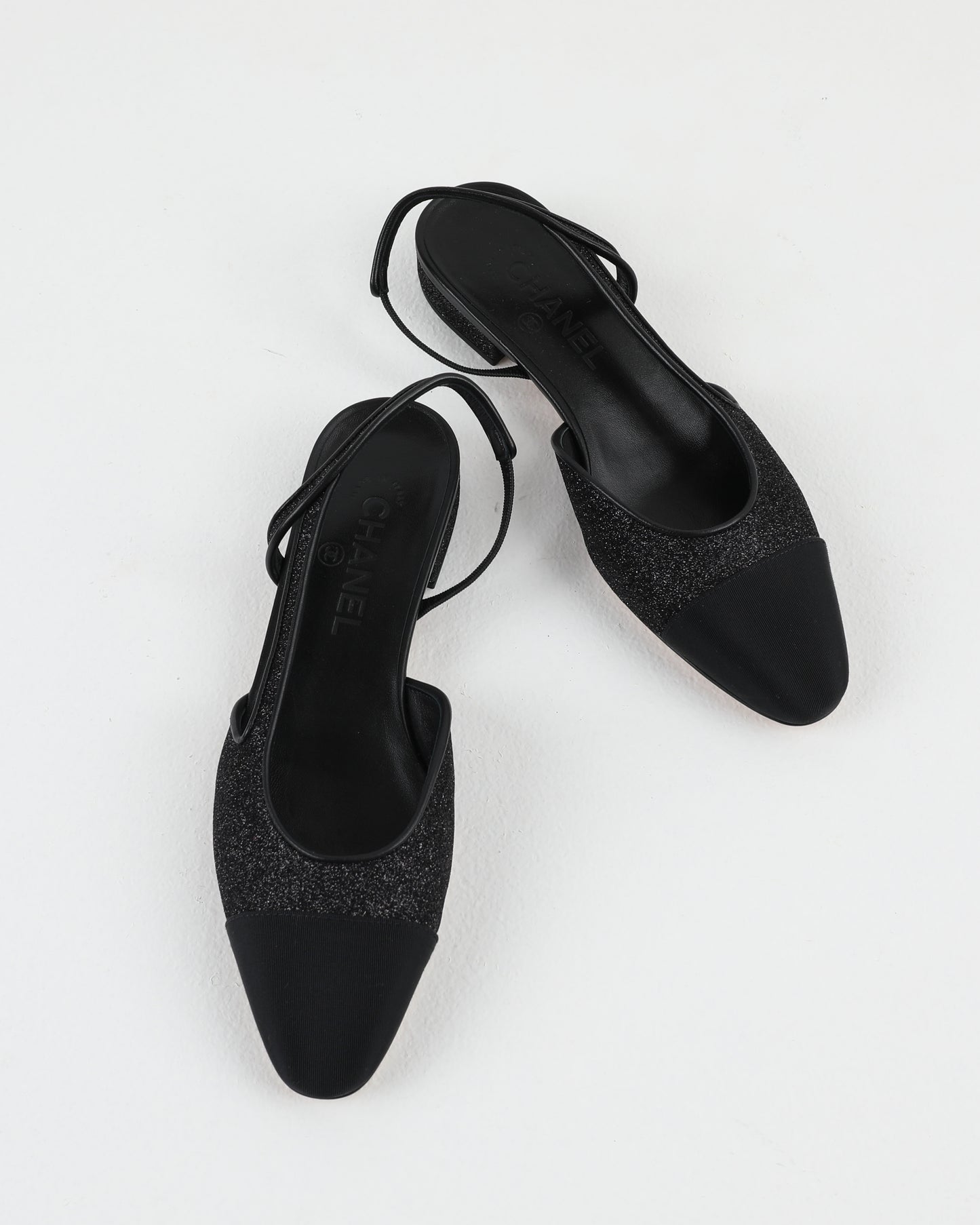 Chanel Slingback Shoes in Black Glitter & Grosgrain