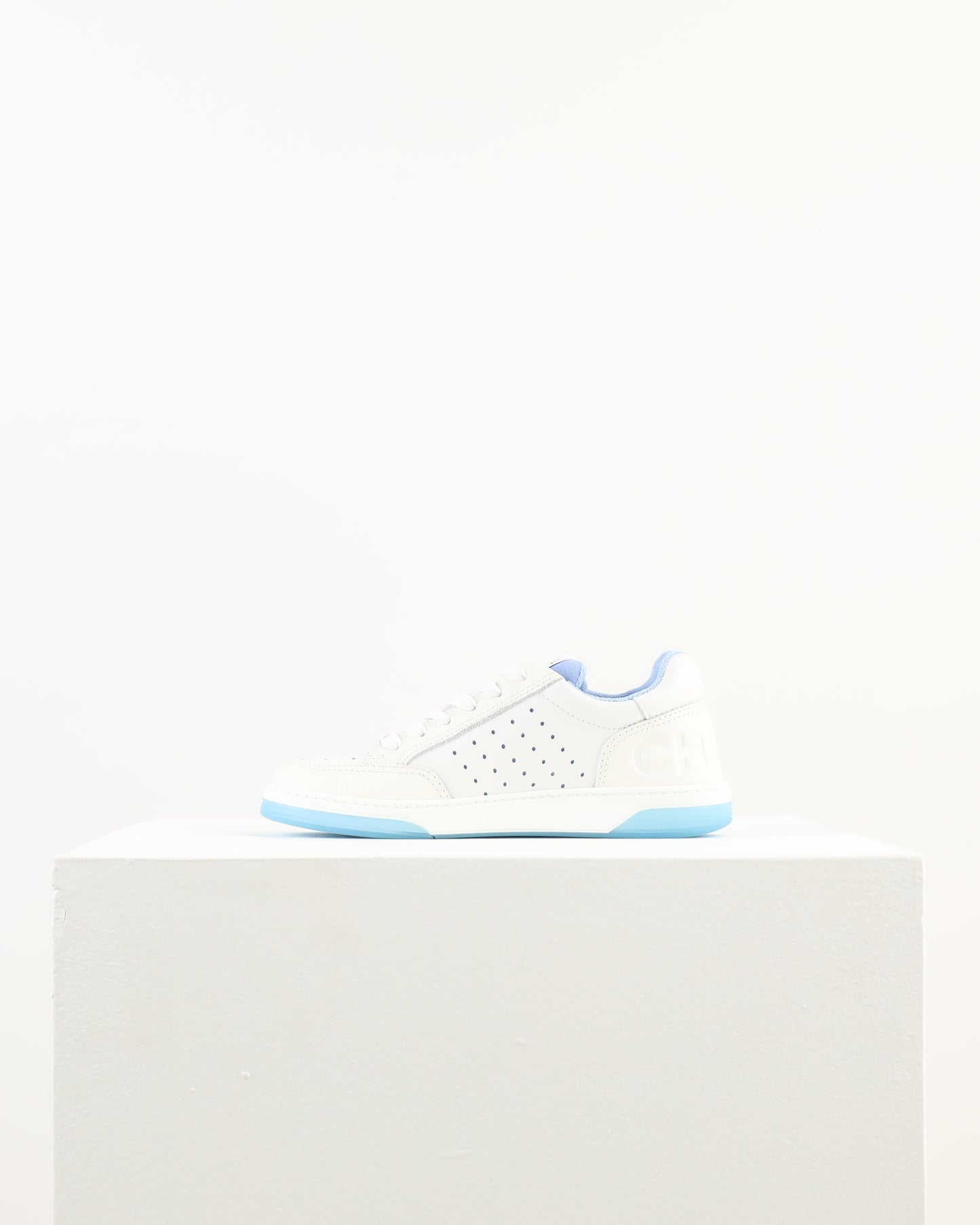 Chanel Low Top Sneaker Perforated Leather Blue Lace Detal