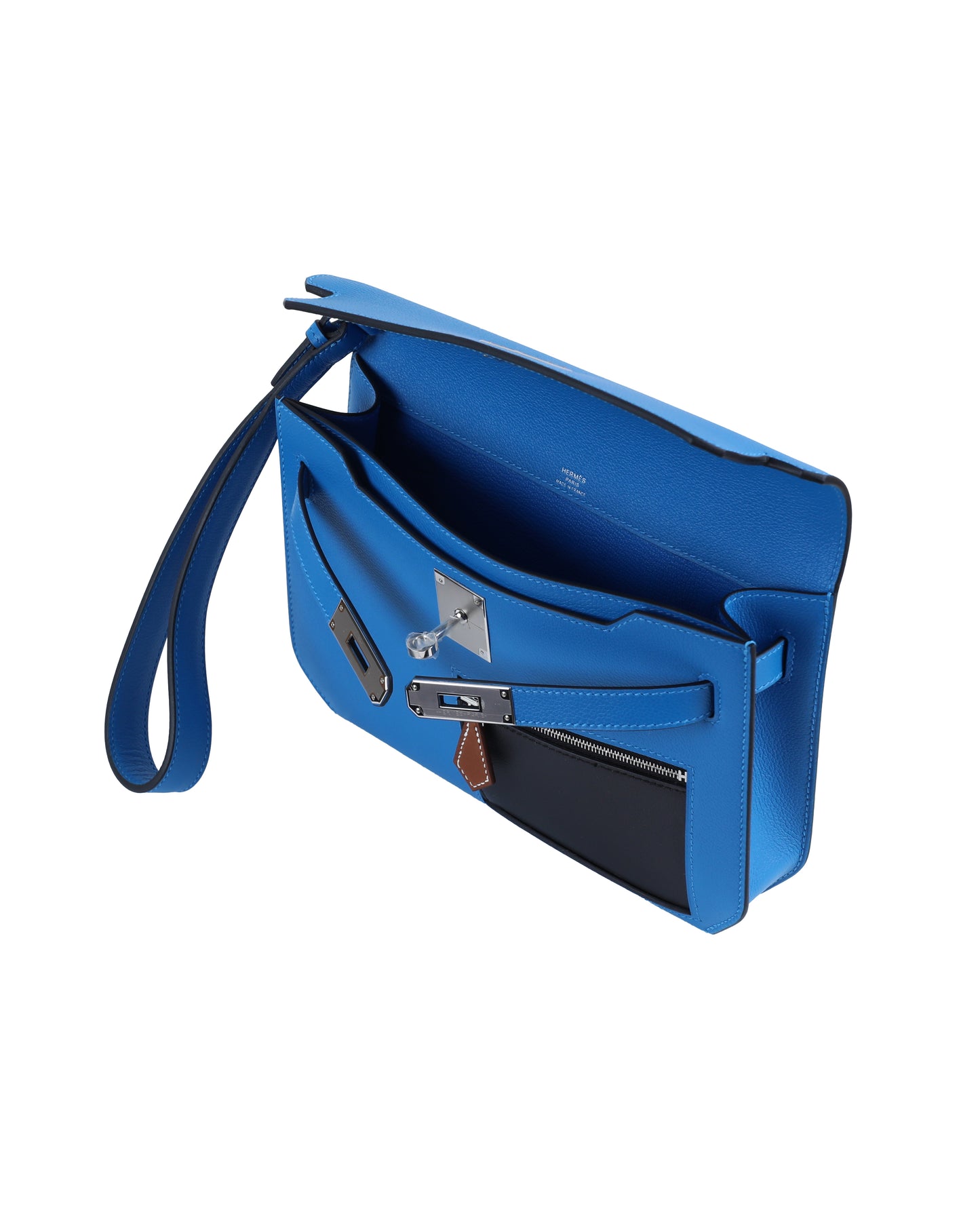 Kelly Depeches 25 Colormatic Bleu Hydra/Noir/Fauve Evercolor, Evergrain, & Barenia Calskin with Palladium Hardware