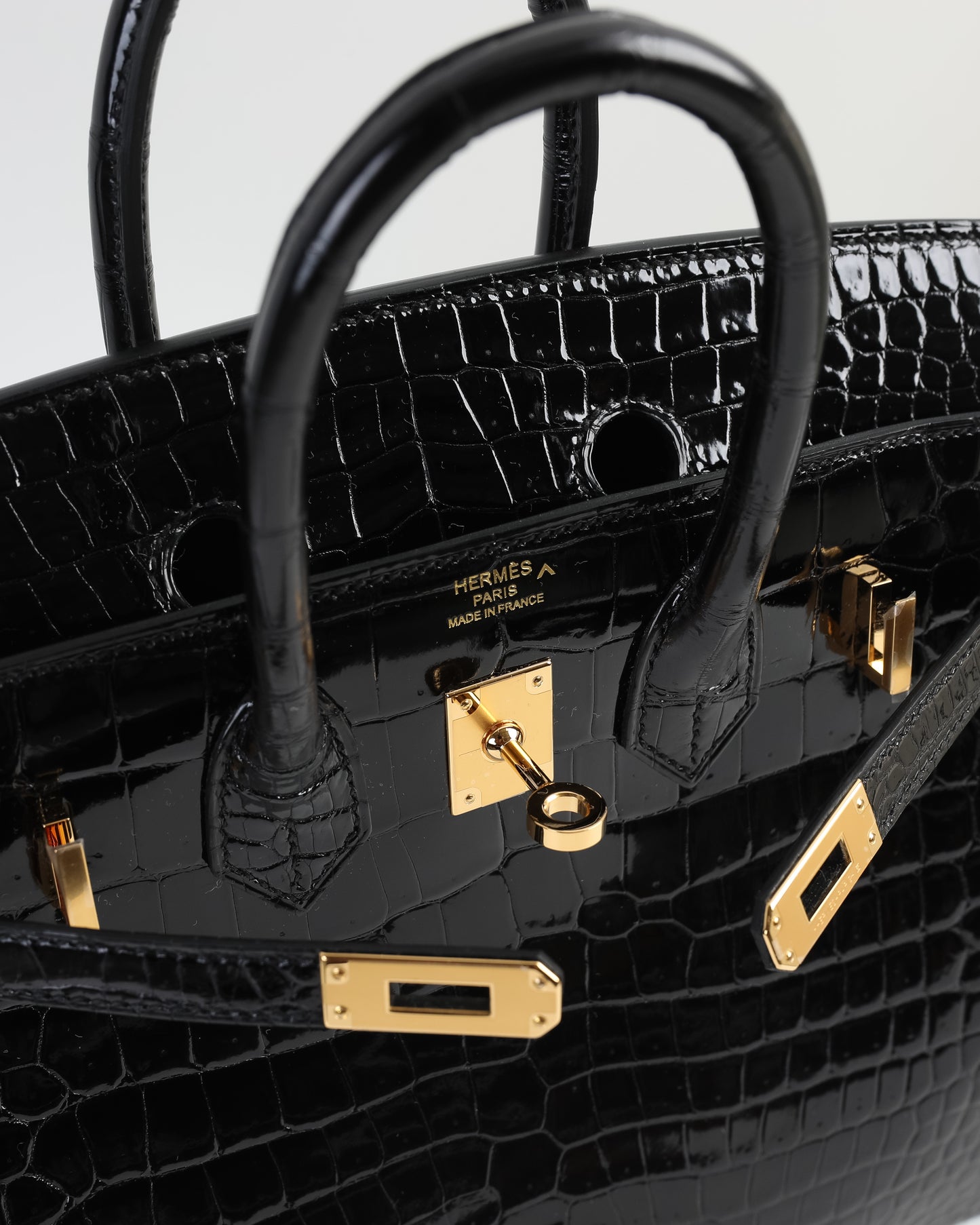 Birkin 25 in Black Shiny Porosus Crocodile with Gold Hardware
