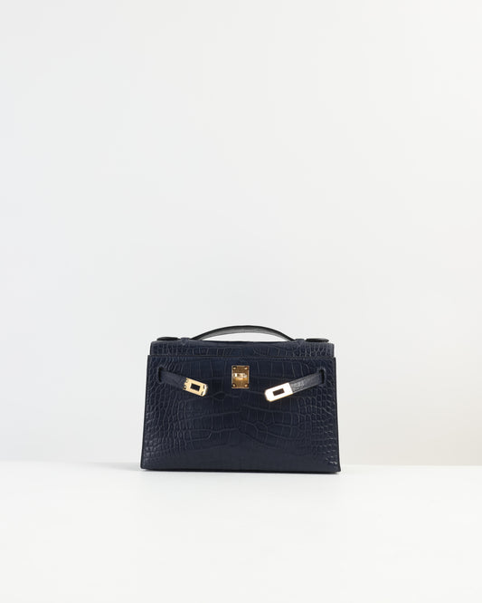 Kelly Pochette Bleu Nuit Alligator Mississippiensis with Gold Hardware