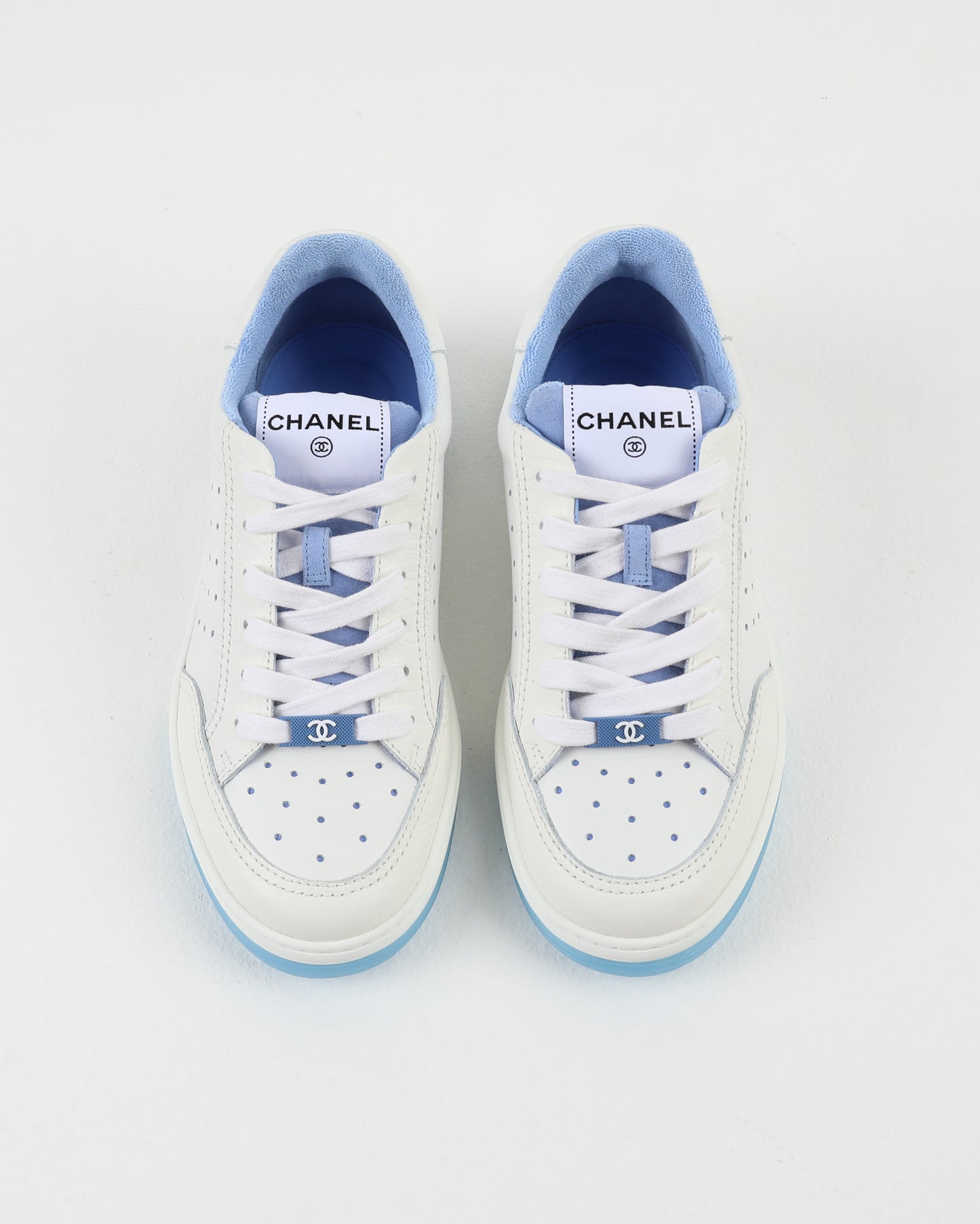 Chanel Low Top Sneaker Perforated Leather Blue Lace Detal