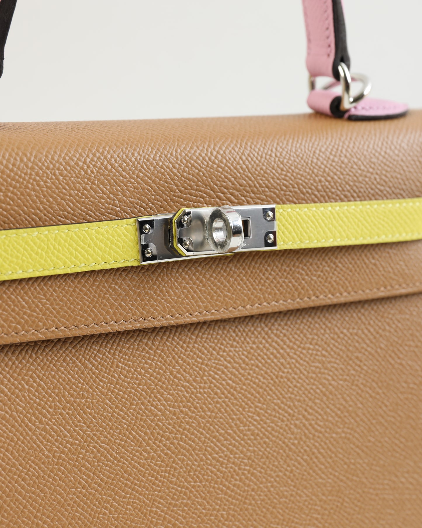 Kelly 25 Tri color in Lime, Chai, and Mauve Sylvestre in Epsom Leather with Palladium Hardware