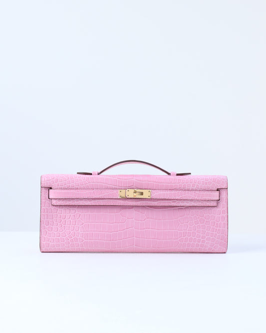 Kelly Cut Bubblegum Pink in Porosus Crocodile with Gold Hardware