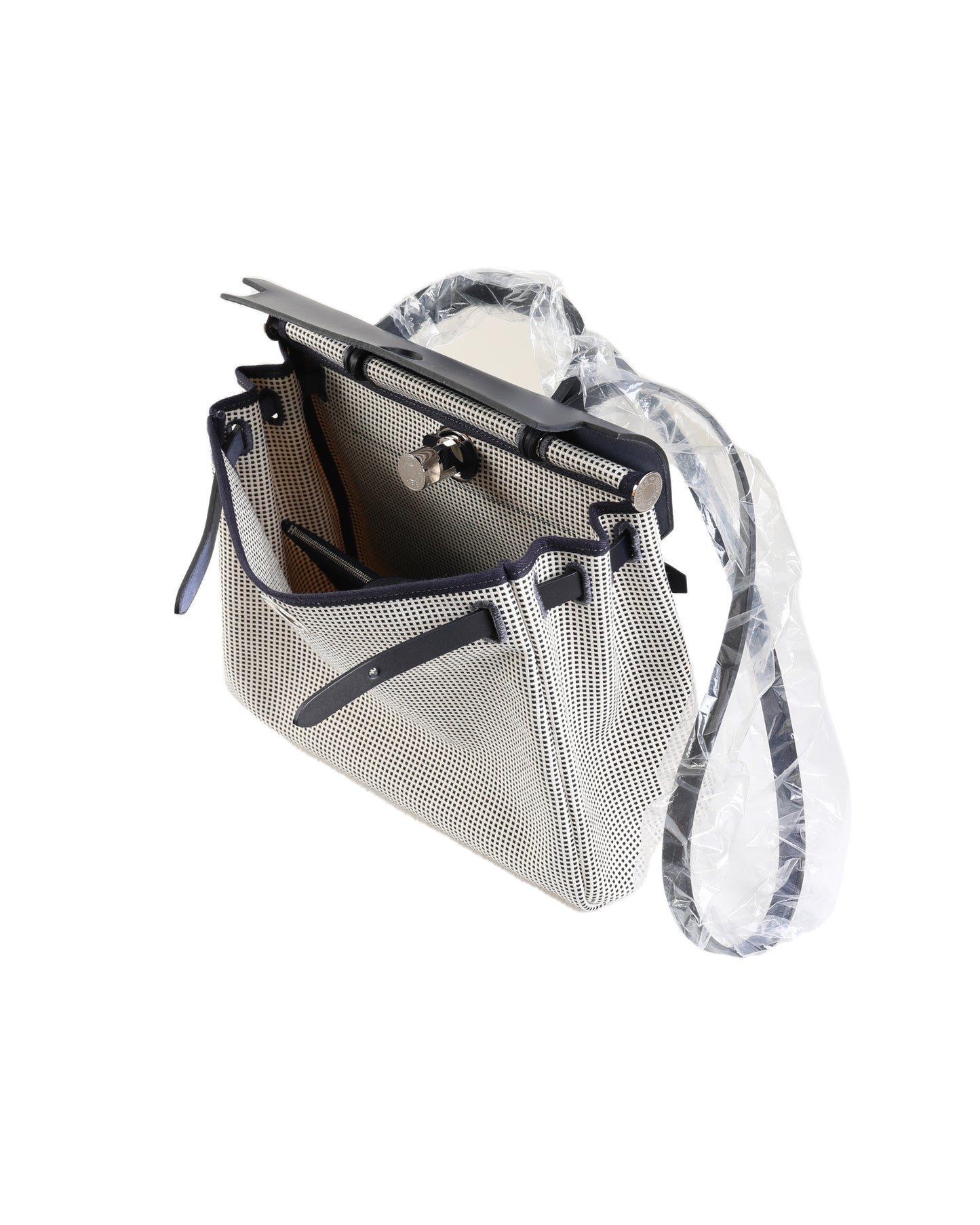Herbag 31 Bag Retourne Ecru Blanc Noir/Bleu Indigo Toile Quadrille Viking Laiton with Palladium Hardware