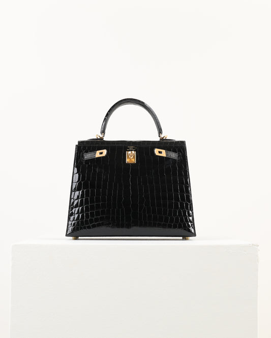 Kelly 25 Black Niloticus Crocodile with Gold Hardware