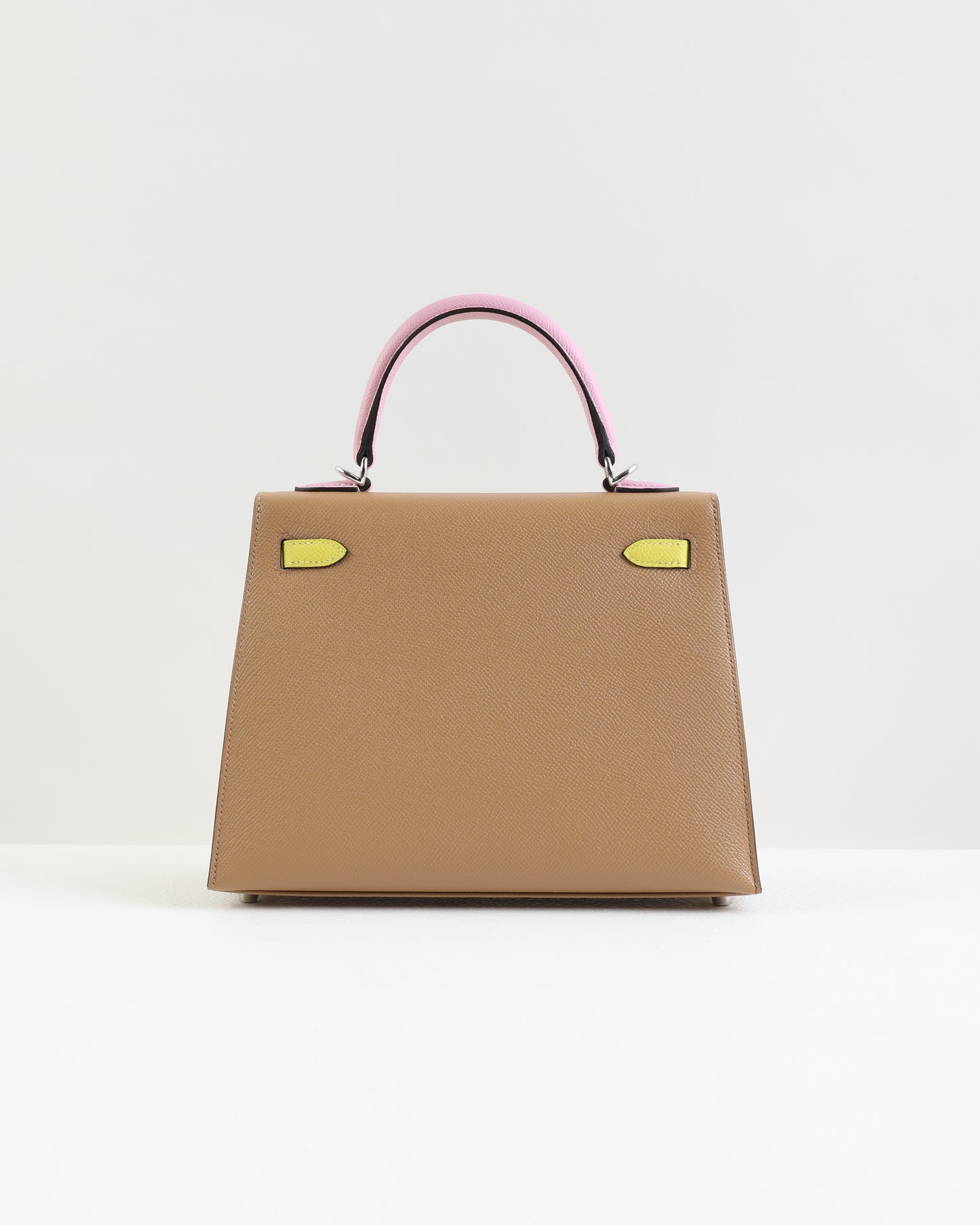 Kelly 25 Tri color in Lime, Chai, and Mauve Sylvestre in Epsom Leather with Palladium Hardware