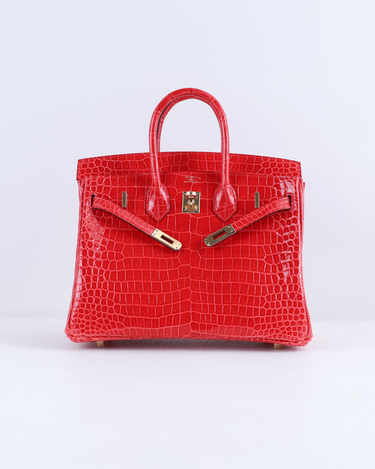Birkin 25 Rouge De Coeur in Porosus Crocodile Leather with Gold Hardware