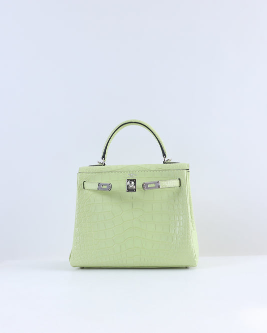 Kelly 25 Jaune Bourgeon Matte Alligator with Palladium Hardware