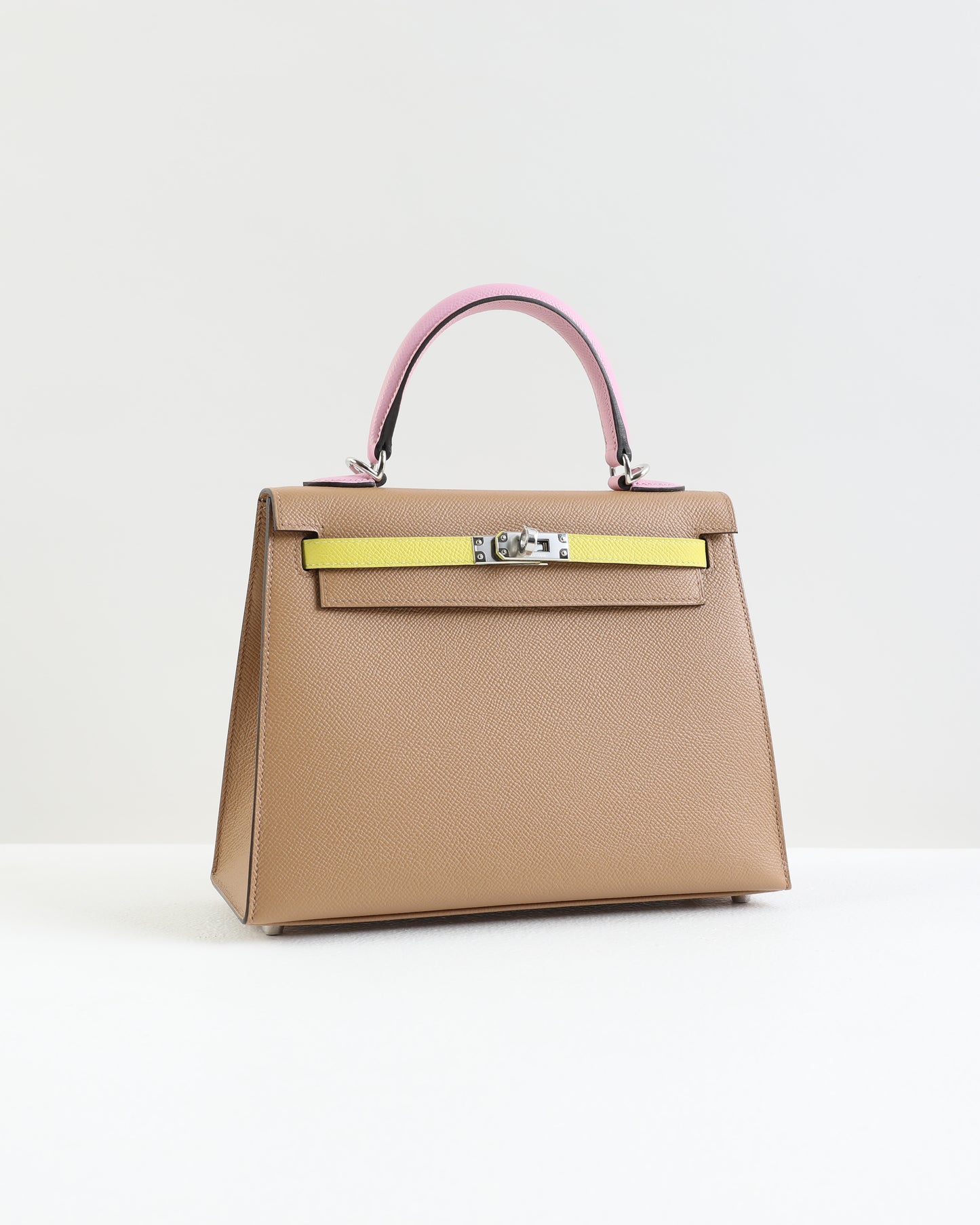 Kelly 25 Tri color in Lime, Chai, and Mauve Sylvestre in Epsom Leather with Palladium Hardware