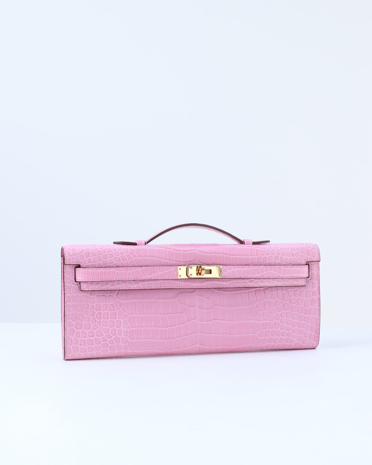 Kelly Cut Bubblegum Pink in Porosus Crocodile with Gold Hardware