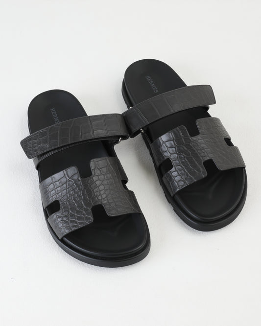 Chypre Sandal in Black Crocodile Leather