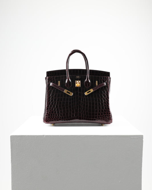 Birkin 25 Bordeaux Niloticus Crocodile with Gold Hardware
