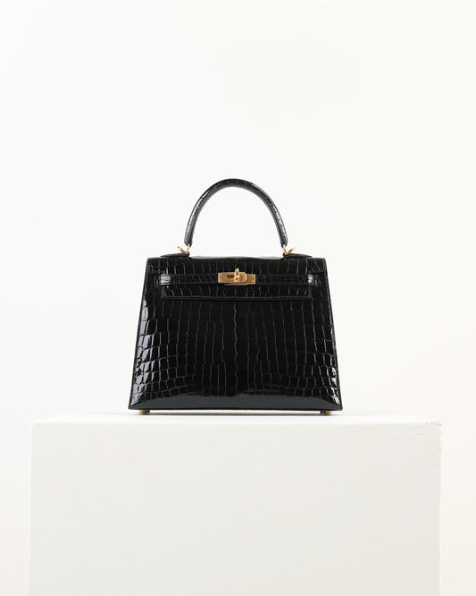 Kelly 25 Black Niloticus Crocodile with Gold Hardware