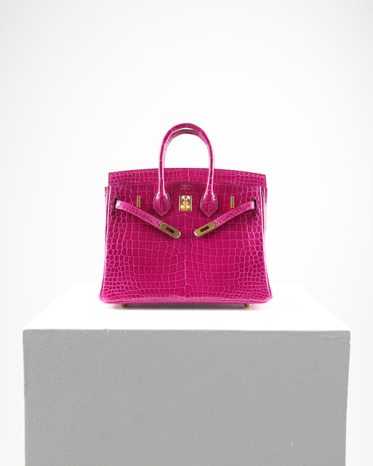 Birkin 25 Rose Scheherazade Porosus Crocodile with Gold Hardware