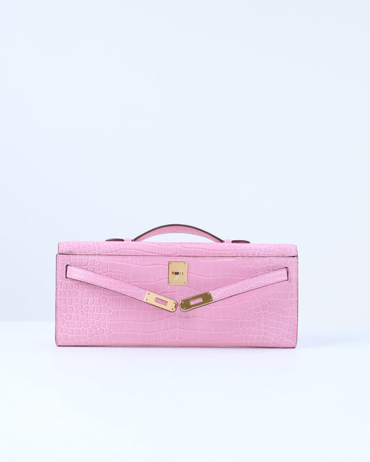 Kelly Cut Bubblegum Pink in Porosus Crocodile with Gold Hardware