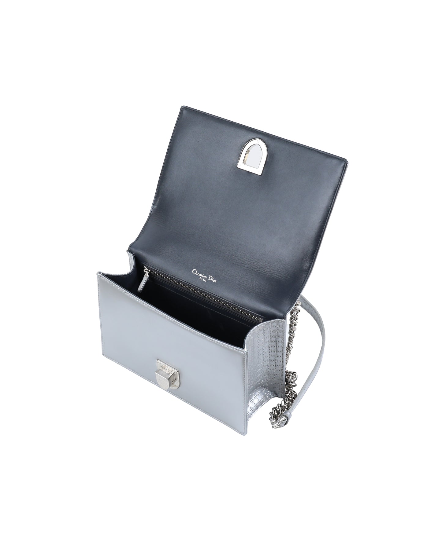 Dior Silver Medium Cannage Patent Leather Diorama Wallet On Chain
