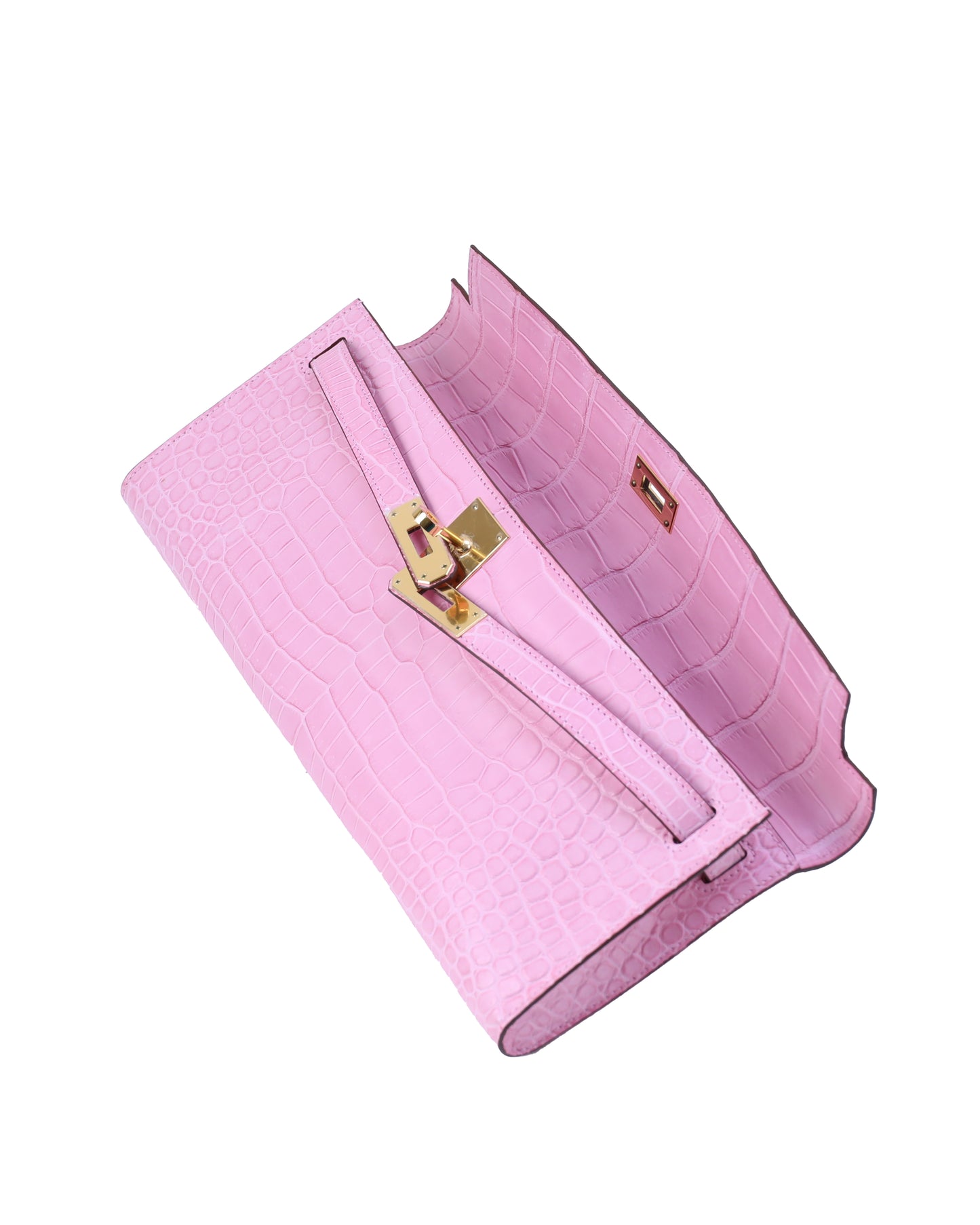 Kelly Cut Bubblegum Pink in Porosus Crocodile with Gold Hardware