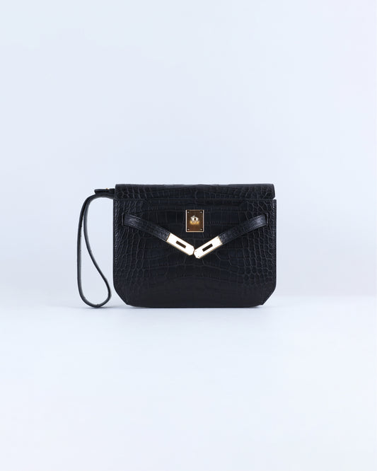 Kelly Depeches 25 Black Matte Alligator with Gold Hardware