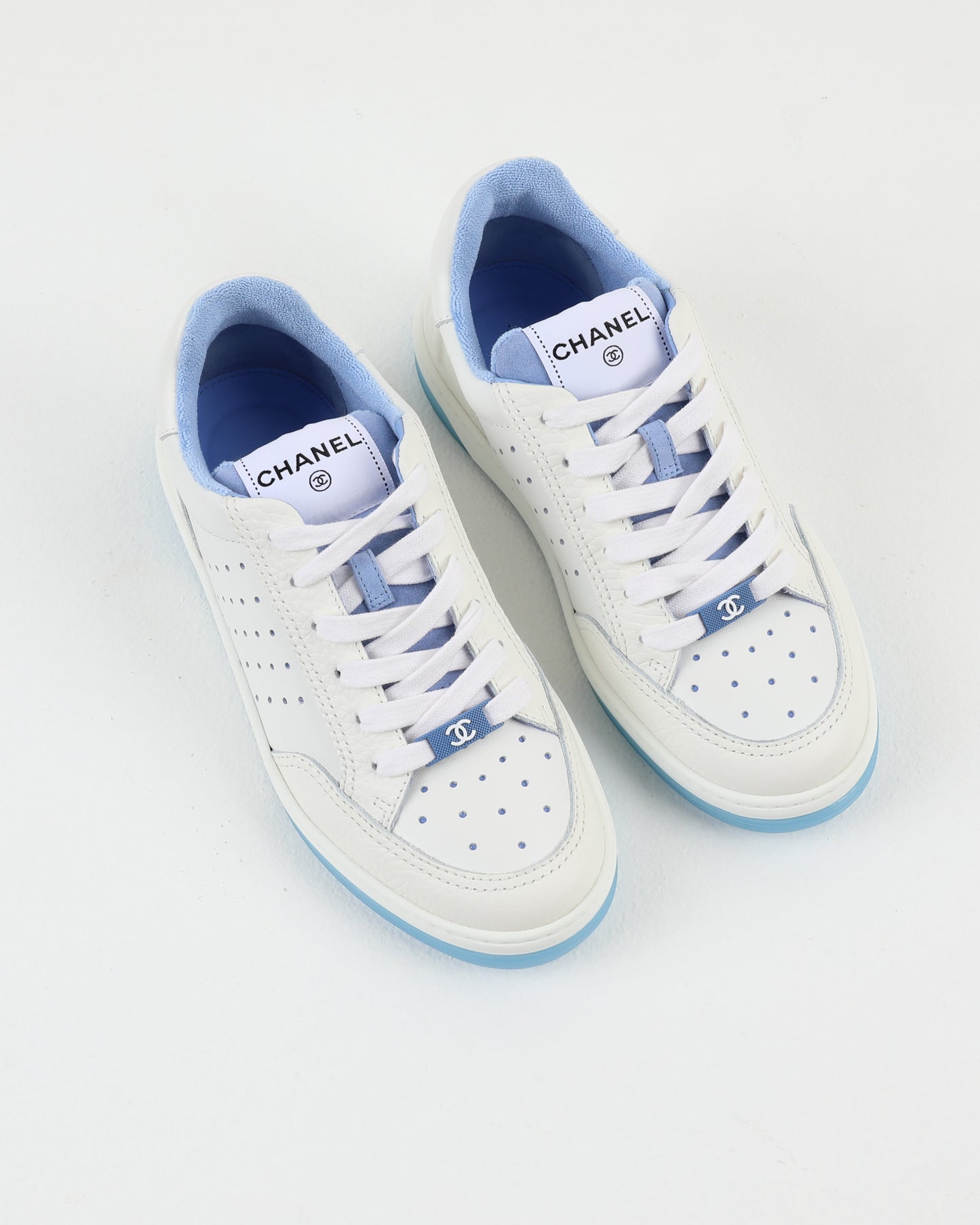 Chanel Low Top Sneaker Perforated Leather Blue Lace Detal
