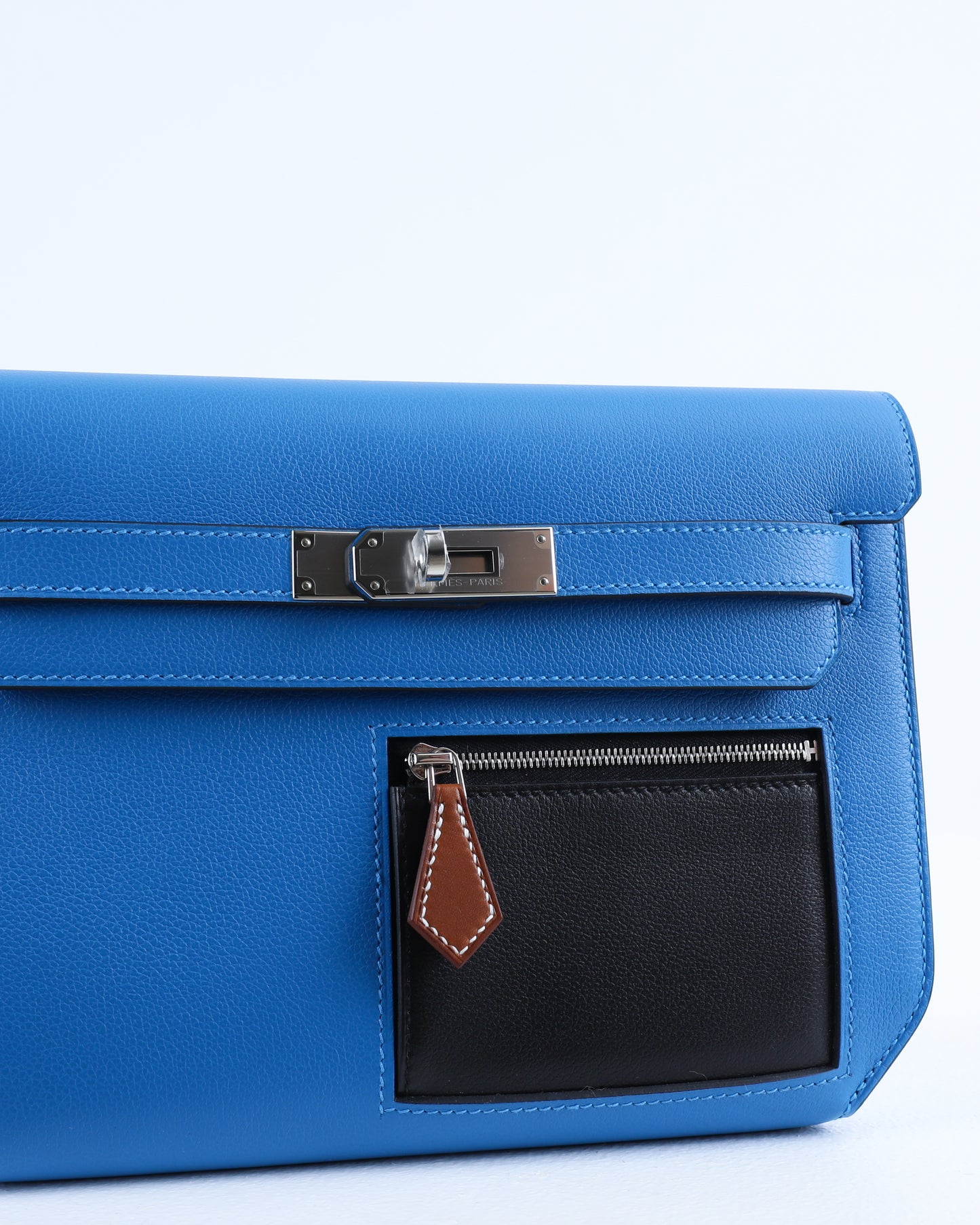 Kelly Depeches 25 Colormatic Bleu Hydra/Noir/Fauve Evercolor, Evergrain, & Barenia Calskin with Palladium Hardware