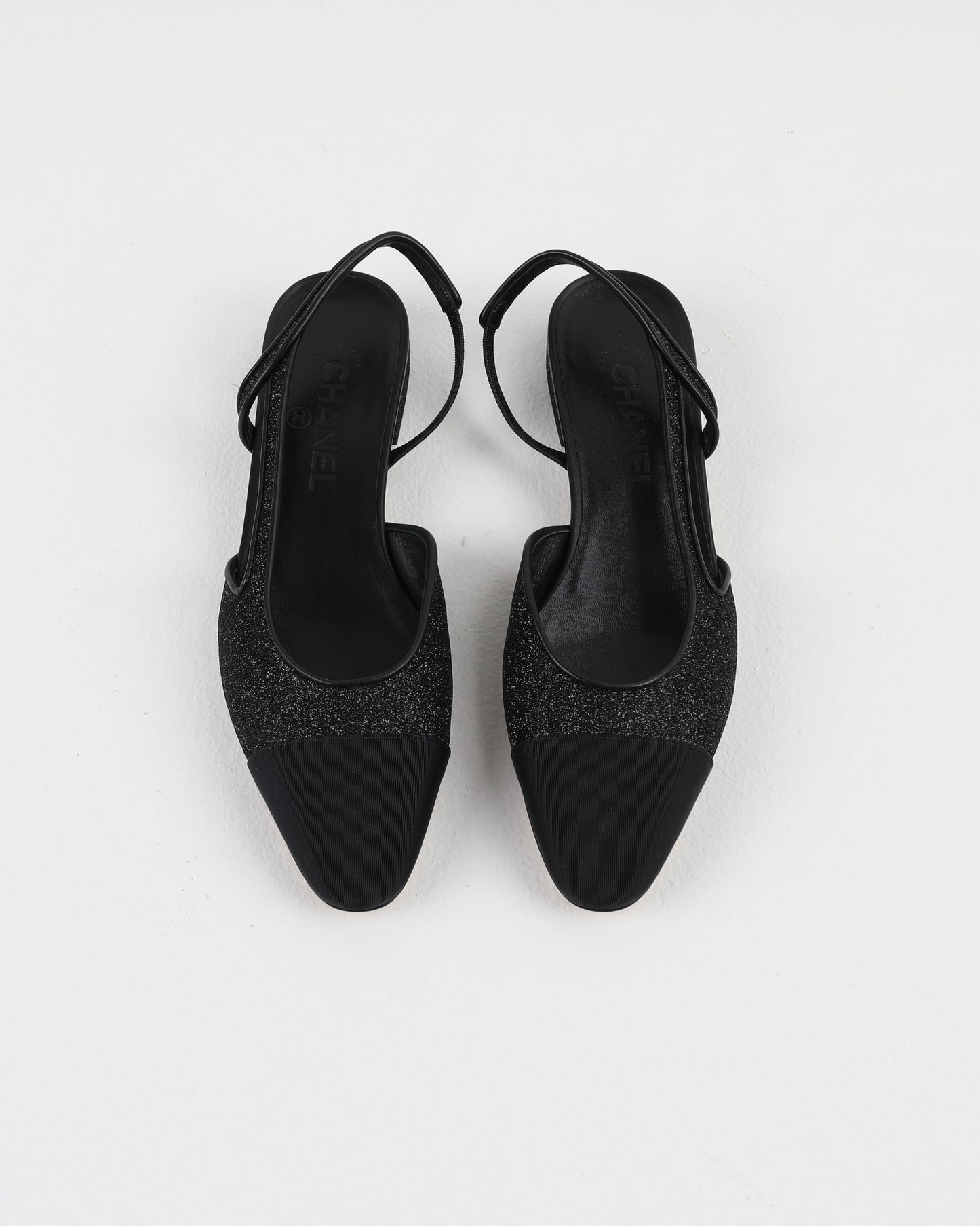 Chanel Slingback Shoes in Black Glitter & Grosgrain
