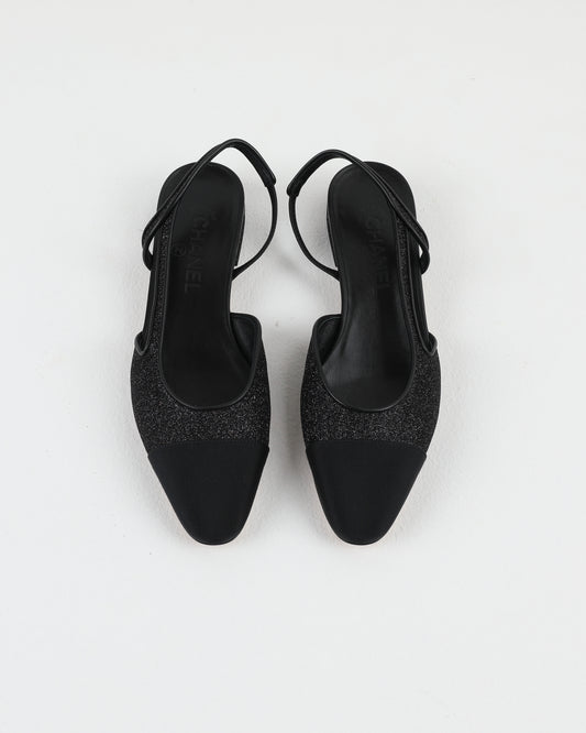 Chanel Slingback Shoes in Black Glitter & Grosgrain
