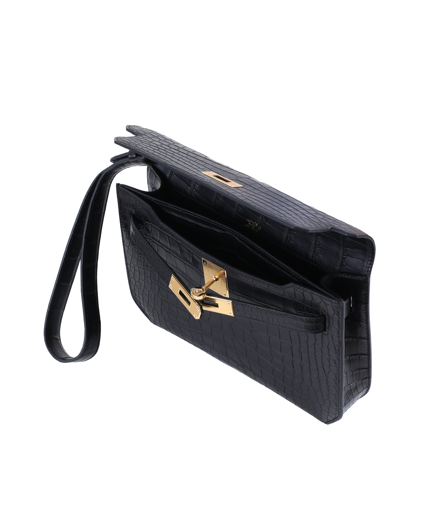 Kelly Depeches 25 Black Matte Alligator with Gold Hardware