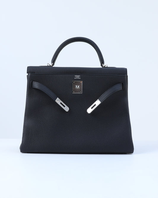 Kelly 32 Retourne Black in Togo Leather with Palladium Hardware