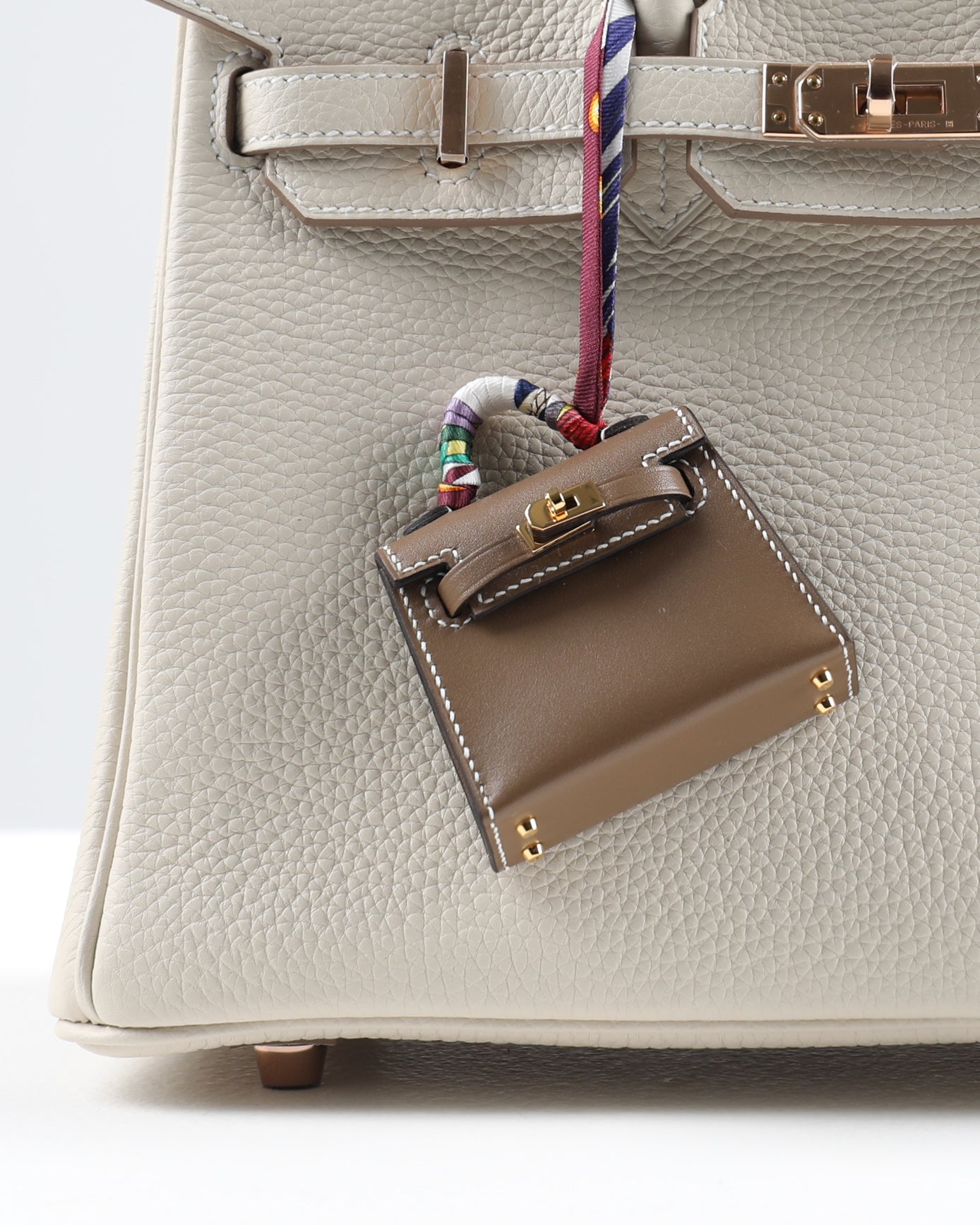 Micro Mini Kelly Twilly Bag Charm Etoupe with Gold Hardware