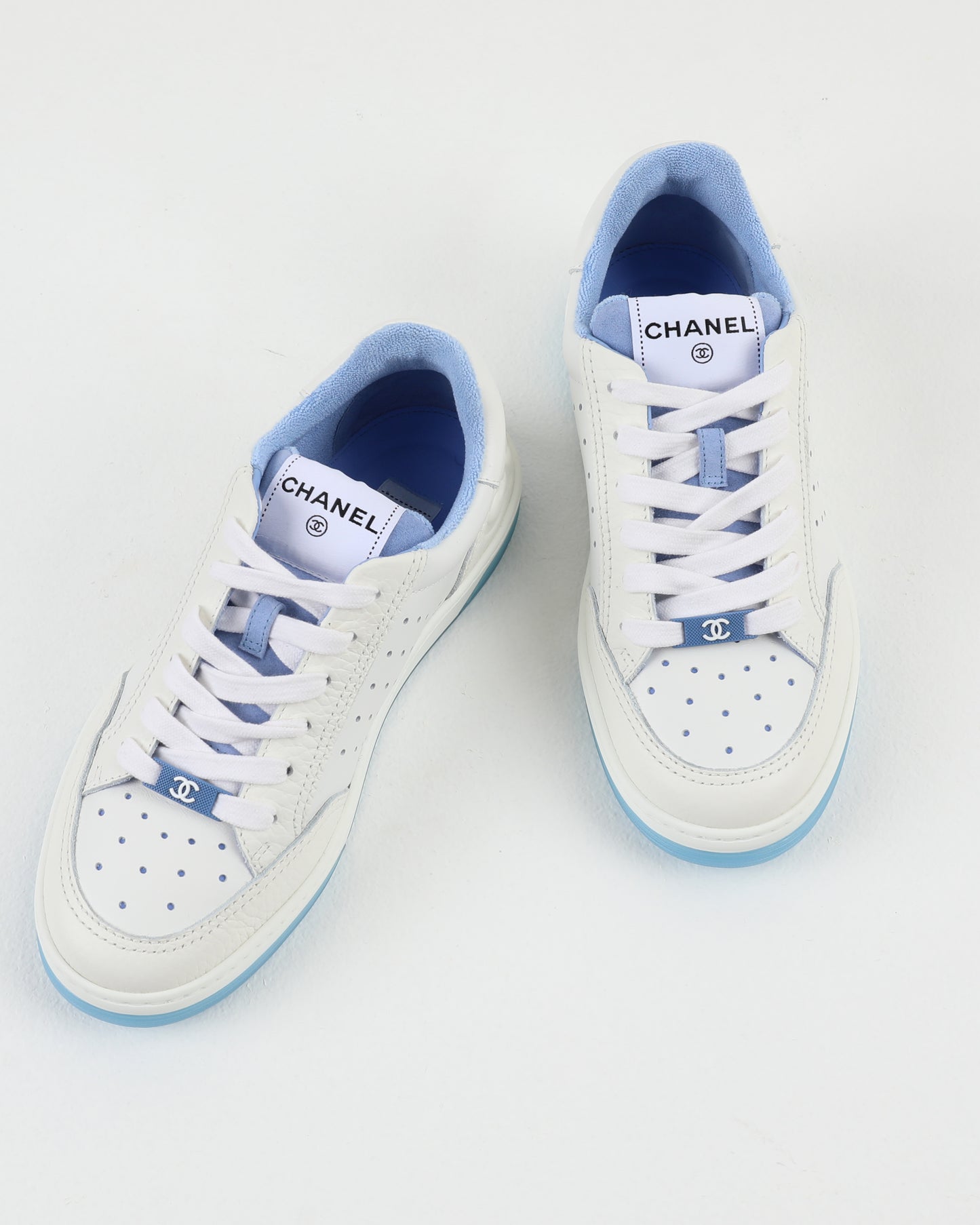Chanel Low Top Sneaker Perforated Leather Blue Lace Detal