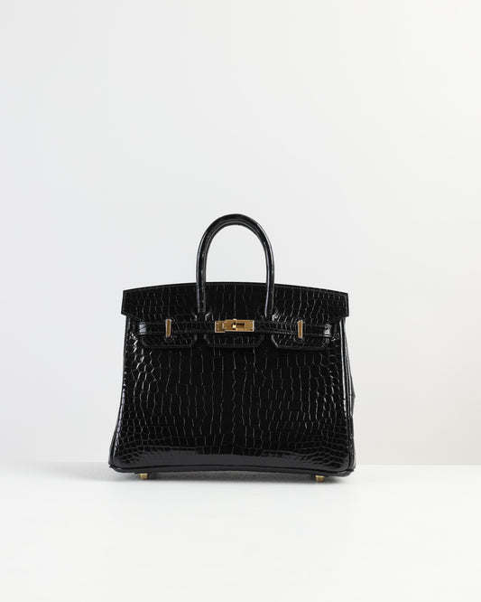 Birkin 25 in Black Shiny Porosus Crocodile with Gold Hardware