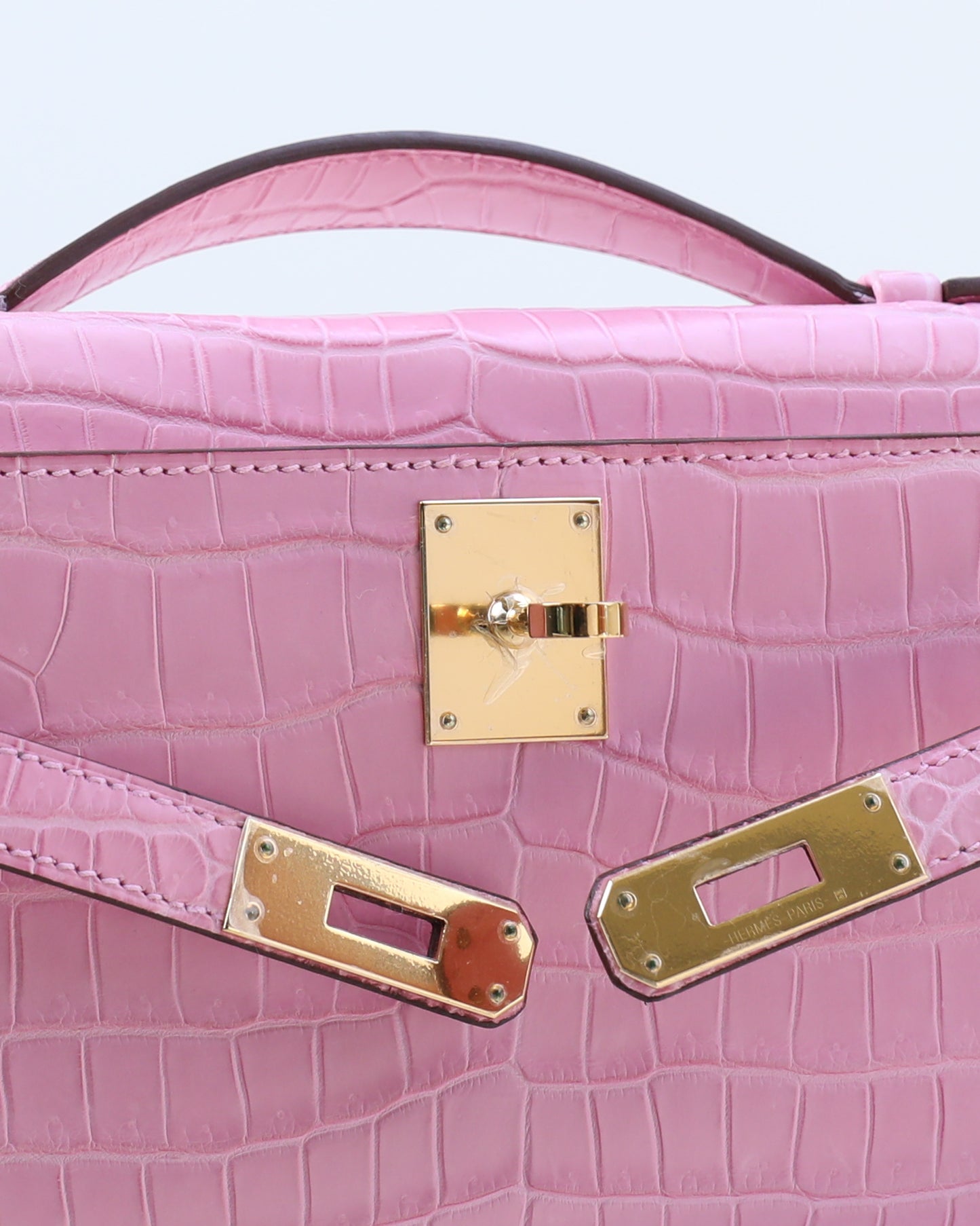 Kelly Cut Bubblegum Pink in Porosus Crocodile with Gold Hardware