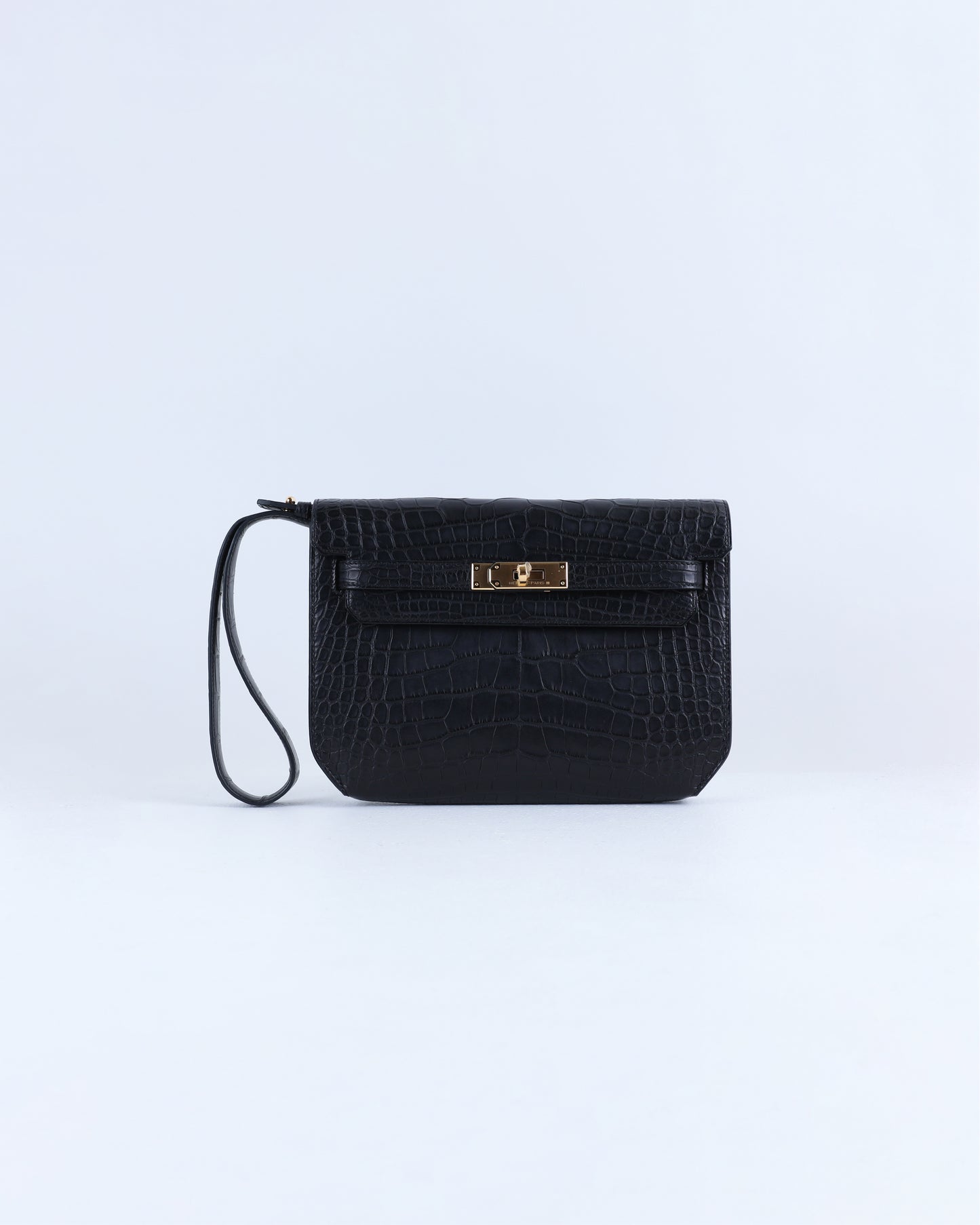 Kelly Depeches 25 Black Matte Alligator with Gold Hardware