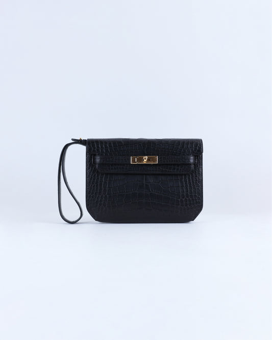 Kelly Depeches 25 Black Matte Alligator with Gold Hardware
