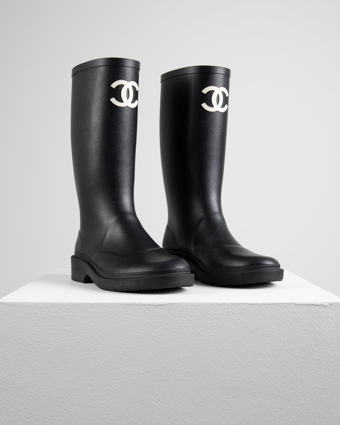Chanel Rainboots in Black with White CC Logo