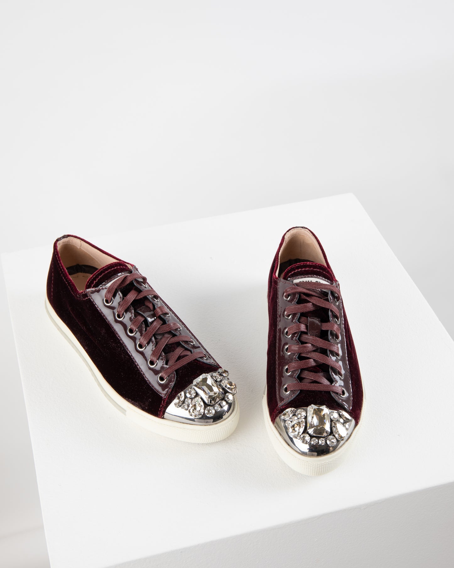 Miu Miu Crystal Embellished Dark Red Sneakers
