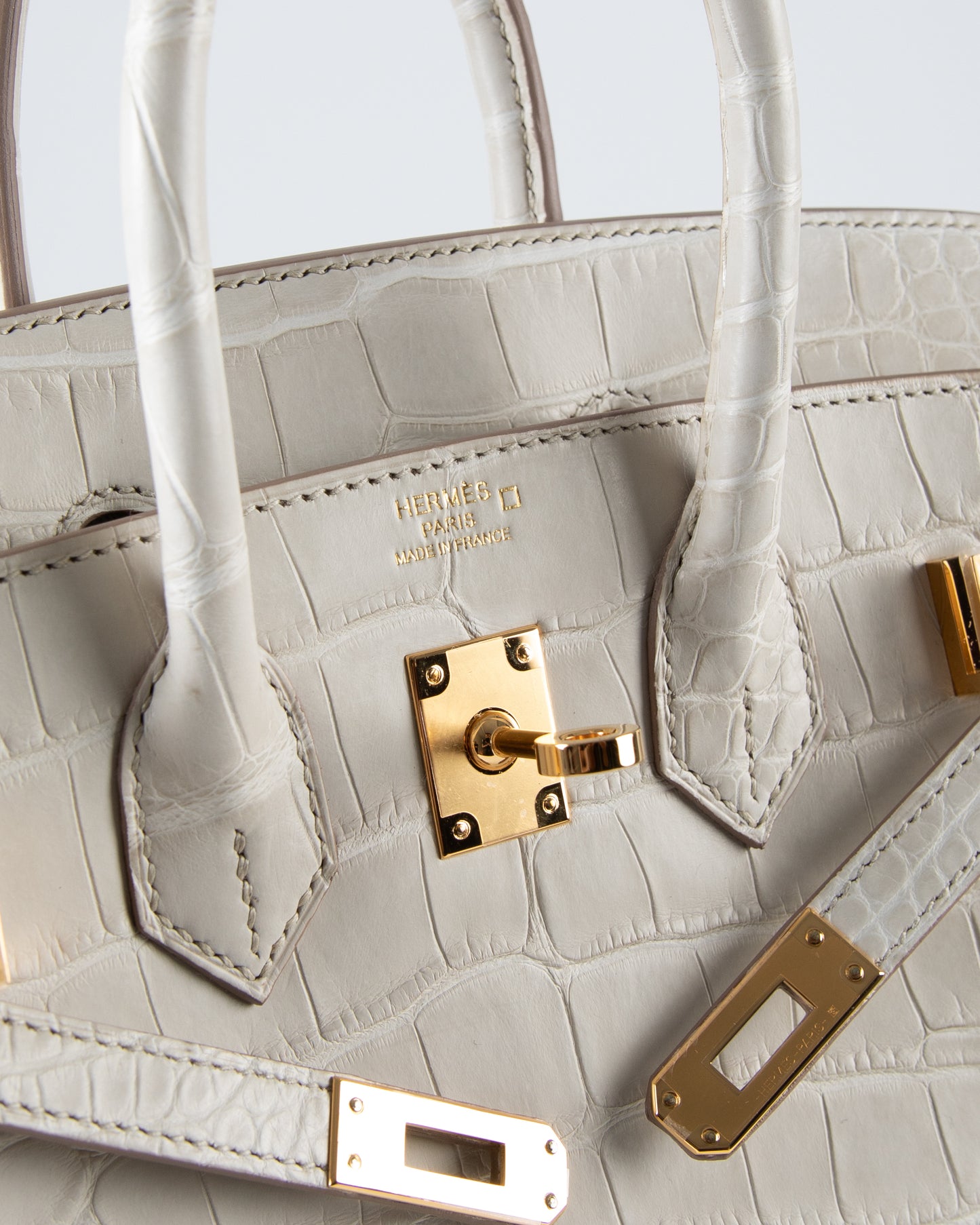 Birkin 25 in Matte Beton Alligator Mississippiensis with Gold hardware