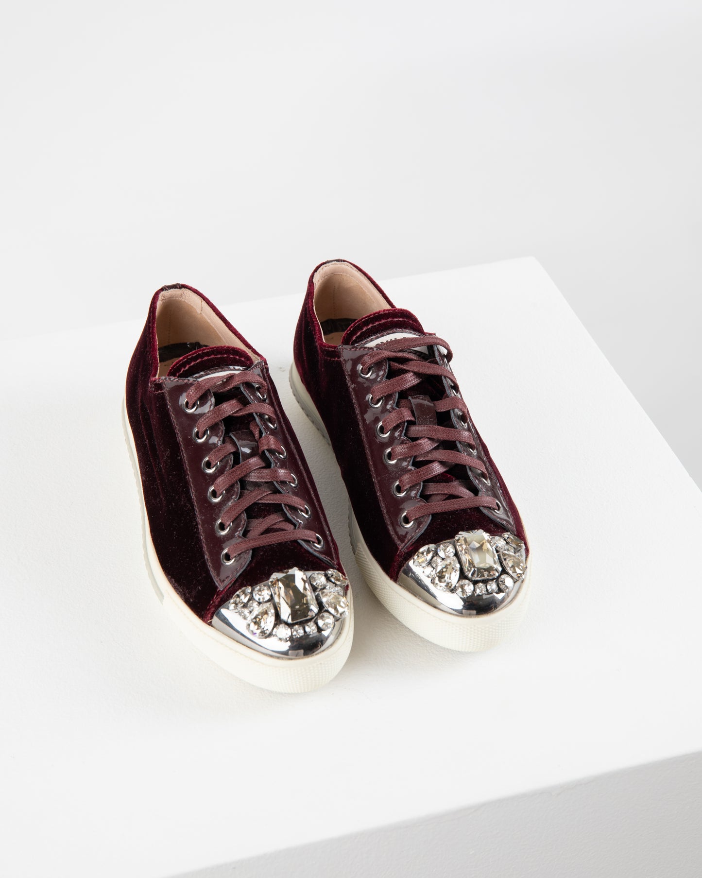 Miu Miu Crystal Embellished Dark Red Sneakers