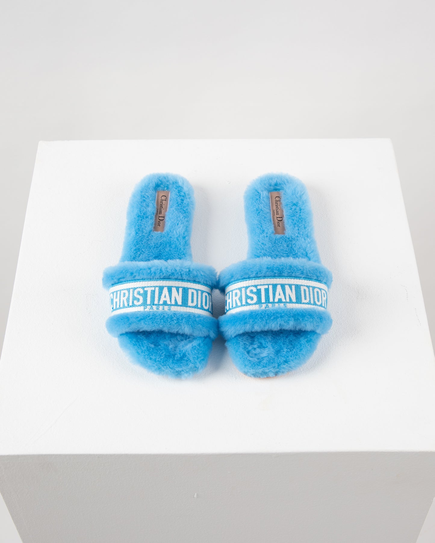 Dior Chez Moi Slide - Bright Blue Embroidered Cotton and Shearling