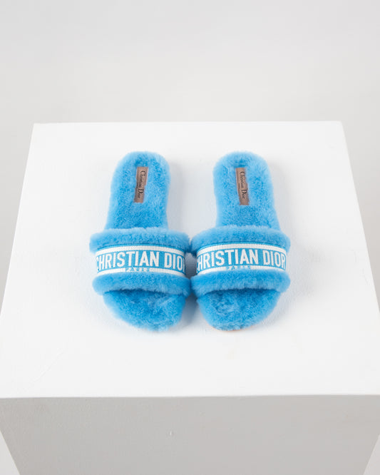 Dior Chez Moi Slide - Bright Blue Embroidered Cotton and Shearling