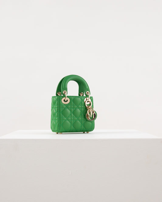 (Preloved) Lady Dior Micro in Green Lambskin and Pale Gold Hardware