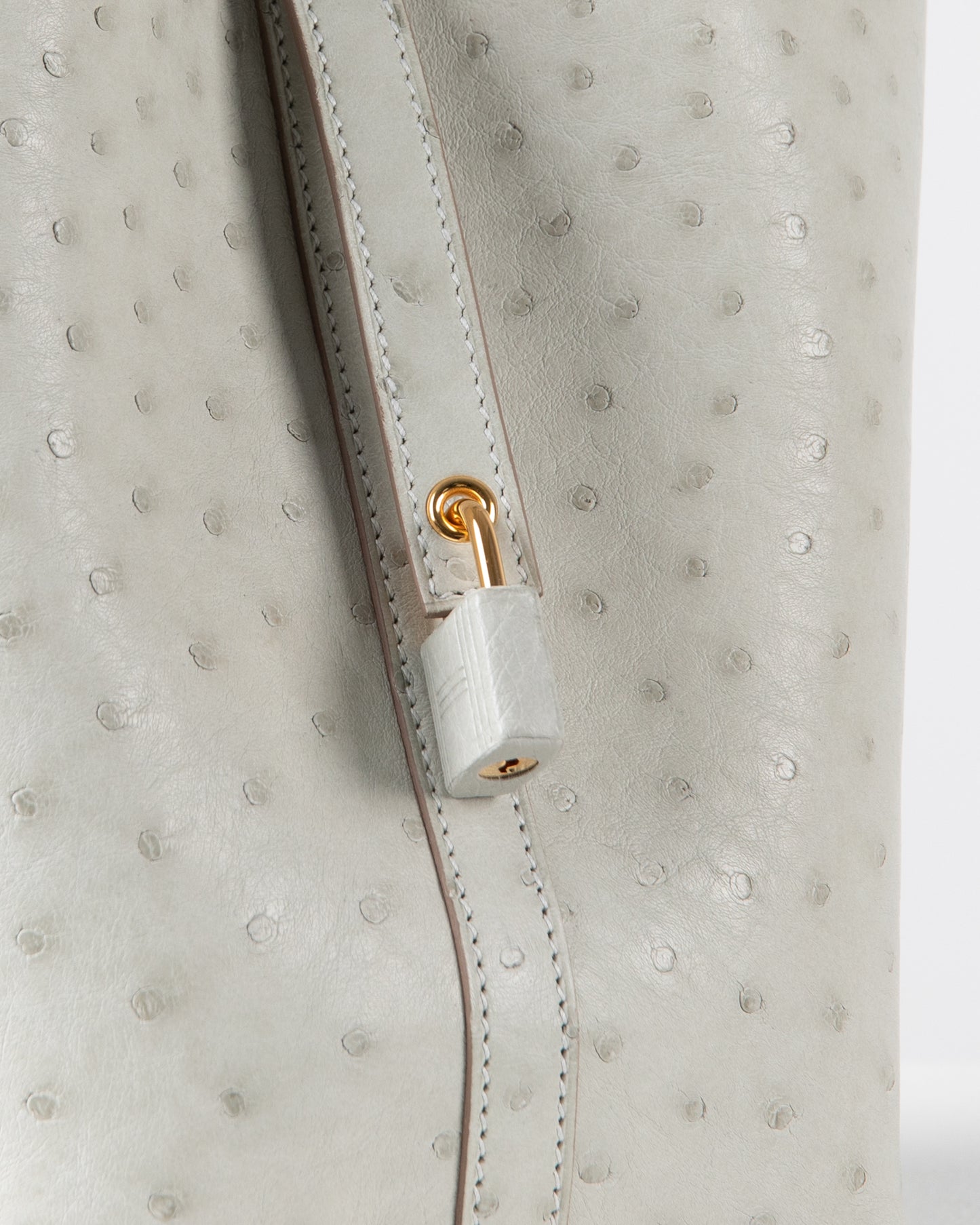 Picotin 18 Gris Perle in Ostrich Skin with Gold Hardware