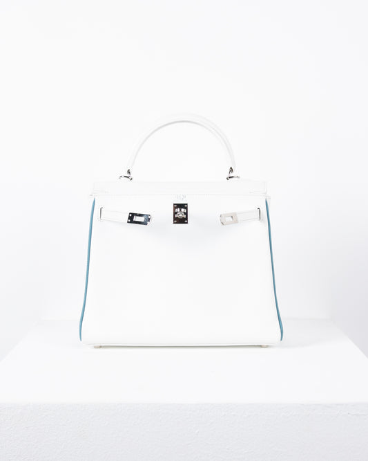 Kelly 25 in White with Contrast Pipe Epsom with Palladium Hardware (Vintage)
