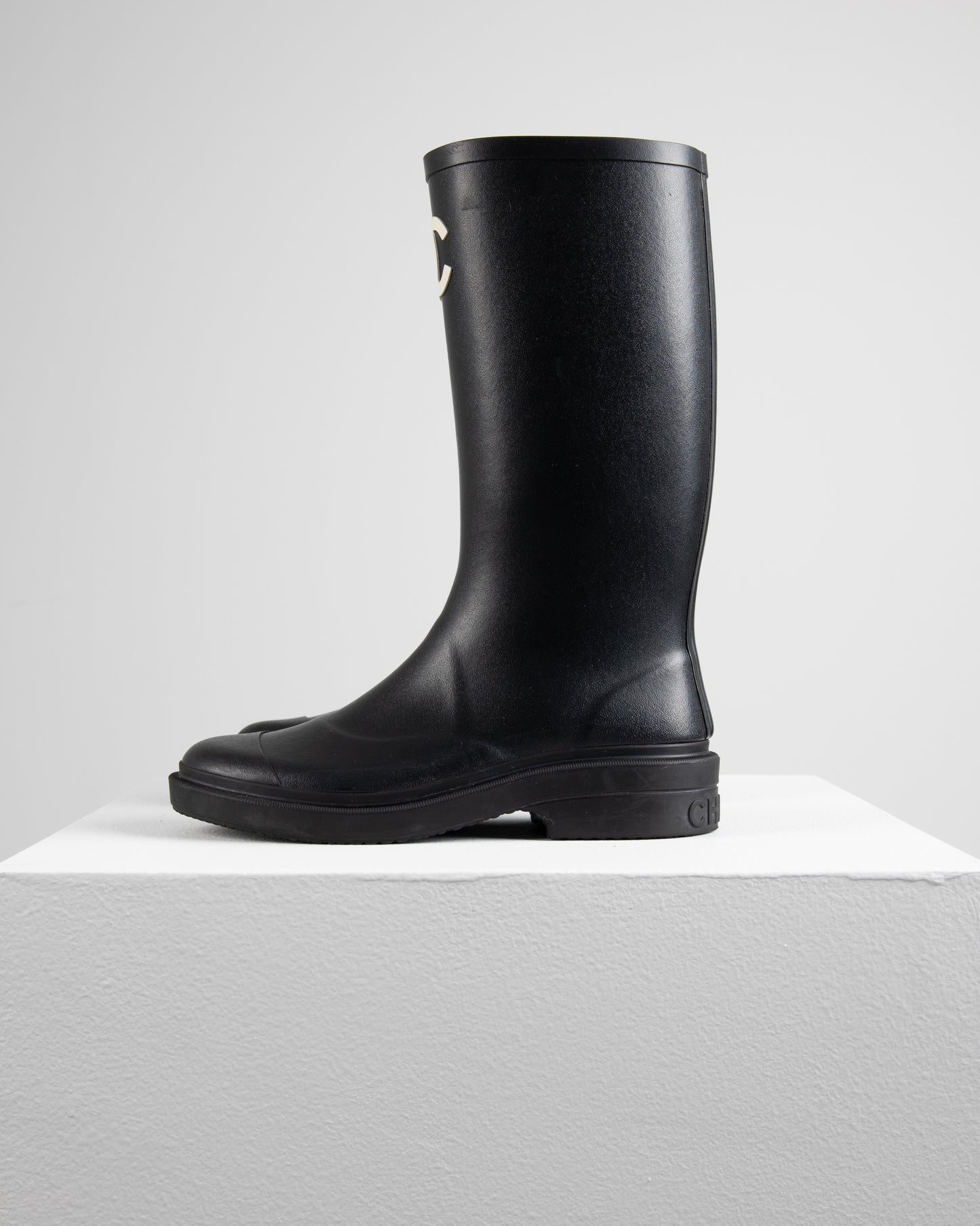Chanel Rainboots in Black with White CC Logo