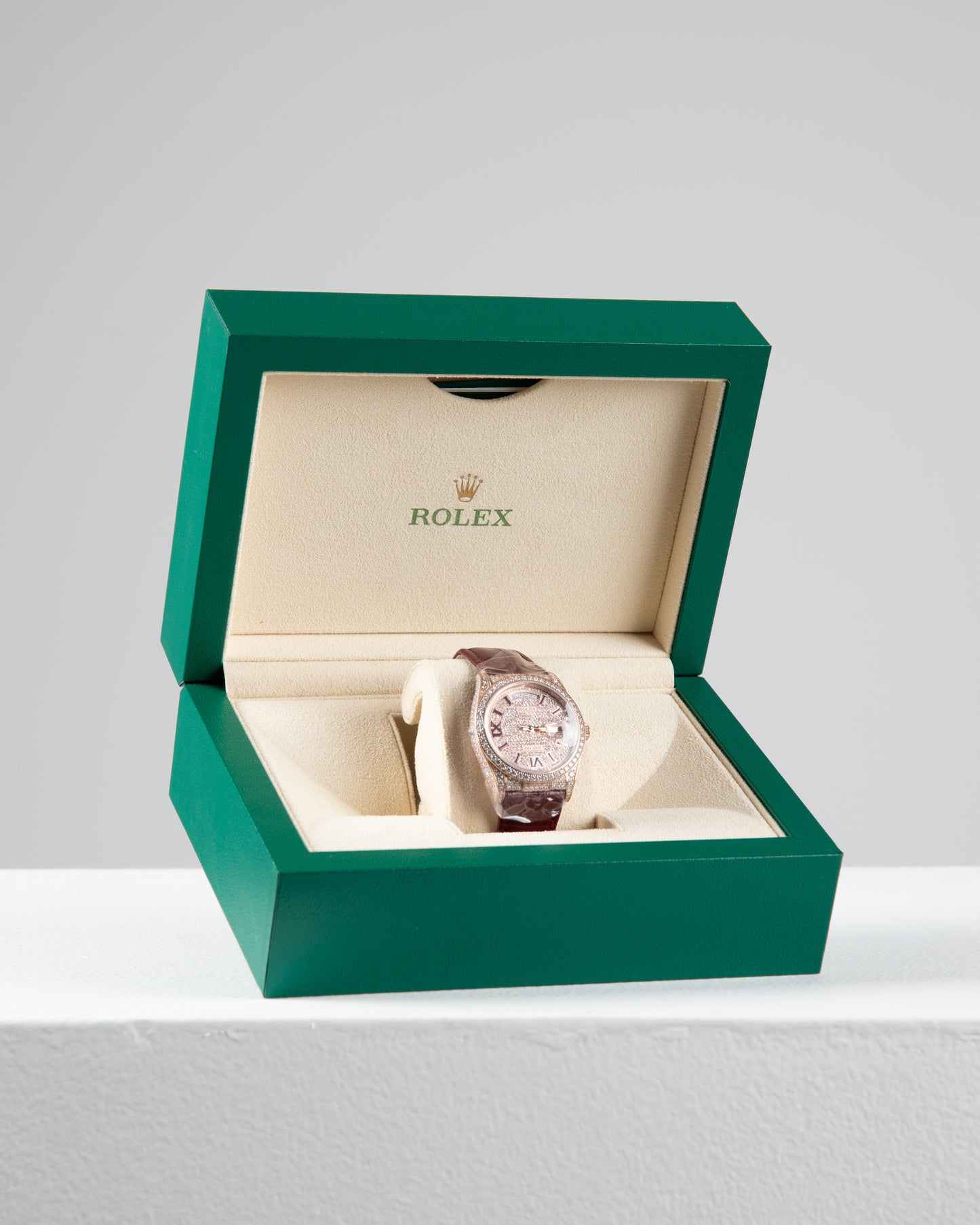 Rolex Day-Date 36 128155RBR 18K Rose Gold Diamond Bezel Pave Diamond Roman Dial