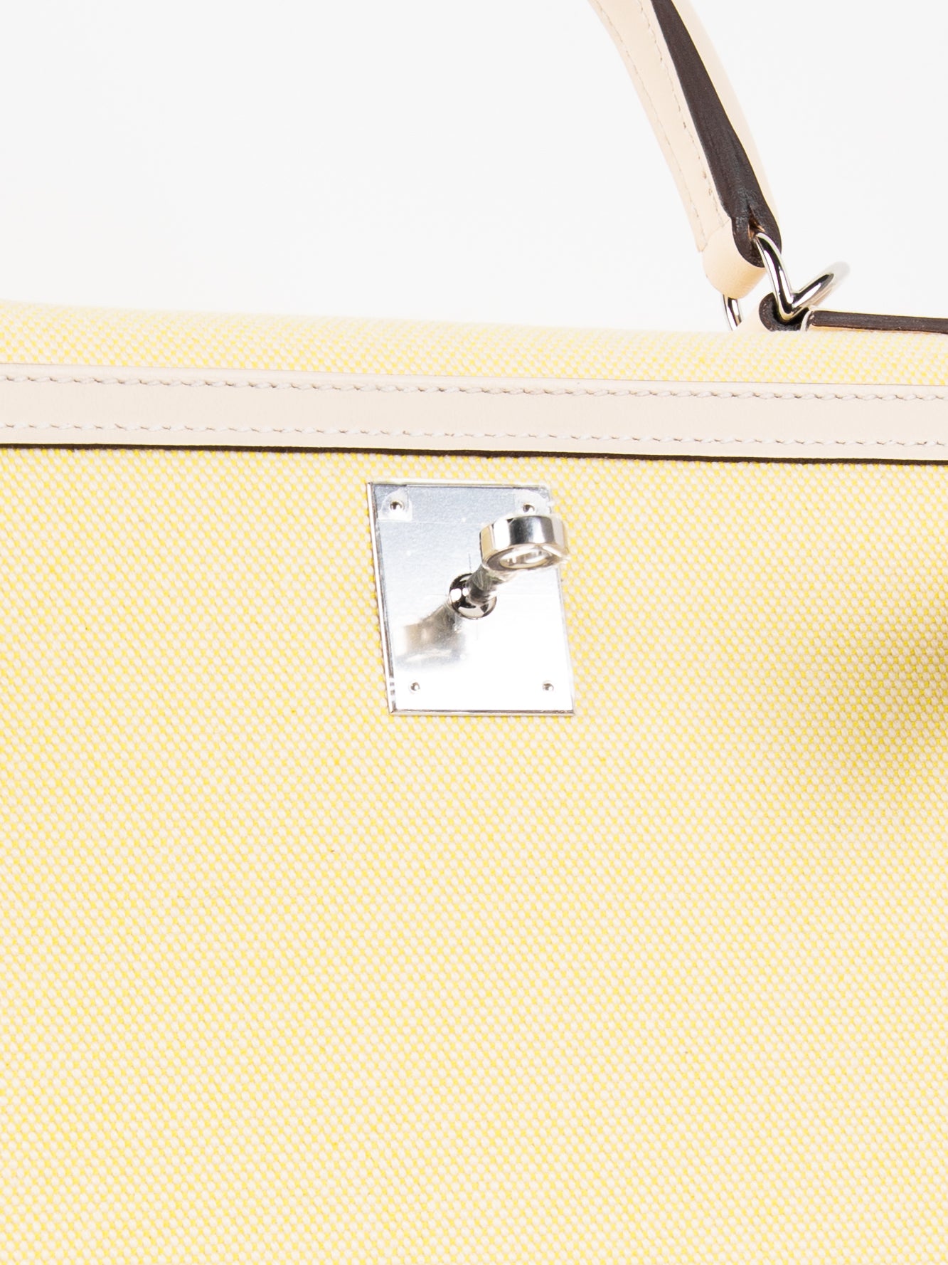 Kelly 28 in Toile H/Veau Swift Ecru-Jaune Citron/Nata with Palladium Hardware