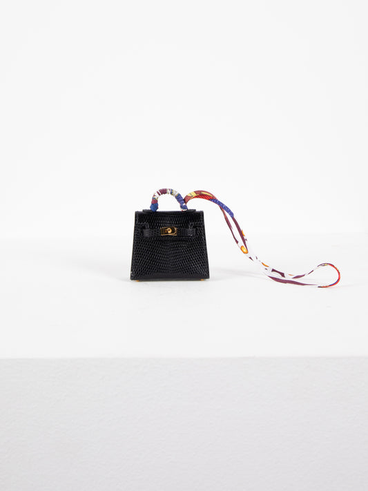 Micro Mini Kelly Twilly Bag Charm in Noir Lizard