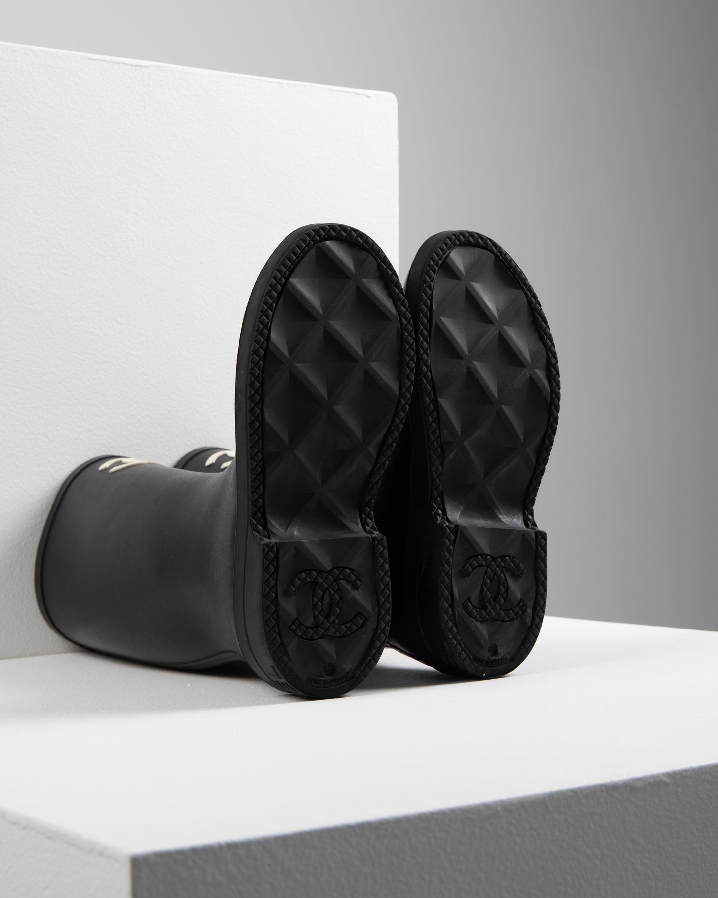Chanel Rainboots in Black with White CC Logo