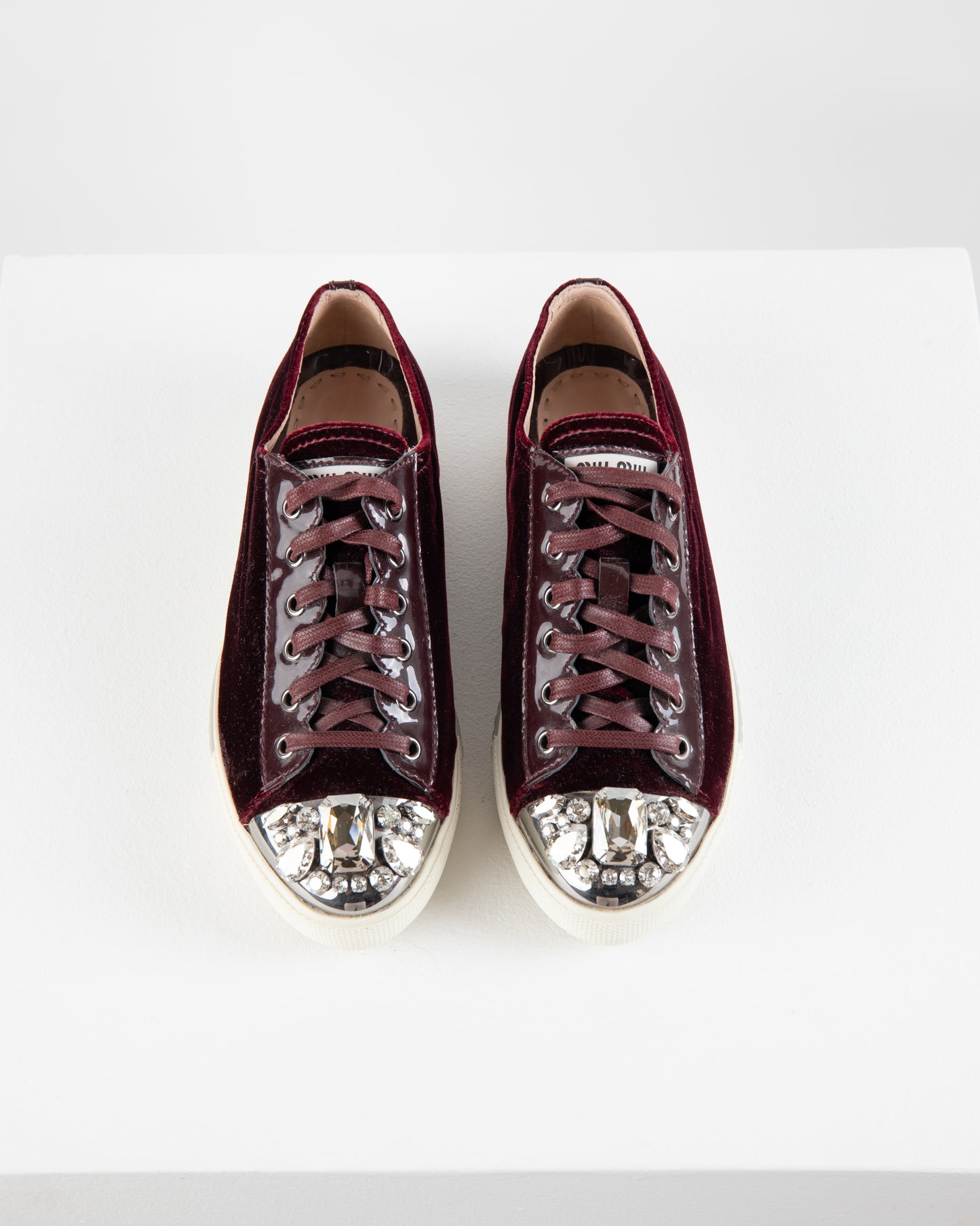 Miu Miu Crystal Embellished Dark Red Sneakers